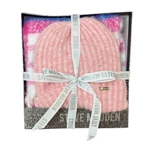 STEVE MADDEN Plaid Oversized Women’s Scarf Wrap + Beanie Hat - 2 Piece Pink